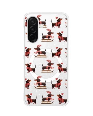 Etui do Samsung Galaxy A26 5G z MagSafe przeźroczyste, silikonowe Flexi, Przytulne święta, Jamniki na saniach