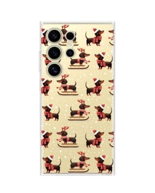 Etui do Samsung Galaxy S24 Ultra przeźroczyste, silikonowe Flexi, Przytulne święta, Jamniki na saniach