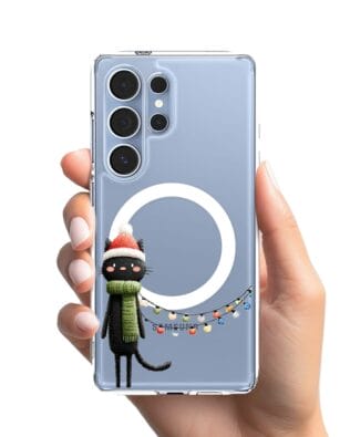 Etui do Samsung Galaxy S25 Ultra z MagSafe przeźroczyste, silikonowe Flexi, Przytulne święta, Kot przebrany za elfa