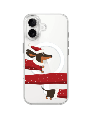 Etui do iPhone 16 Plus z MagSafe przeźroczyste, silikonowe Flexi, Przytulne święta, świąteczny jamnik