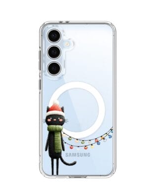 Etui do Samsung Galaxy S24 FE z MagSafe przeźroczyste, silikonowe Flexi, Przytulne święta, Kot przebrany za elfa