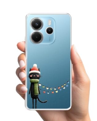 Etui do Xiaomi Redmi Note 14 5G przeźroczyste, silikonowe Flexi, Przytulne święta, Kot przebrany za elfa