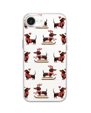 Etui do iPhone 16e przeźroczyste, silikonowe Flexi, Przytulne święta, Jamniki na saniach