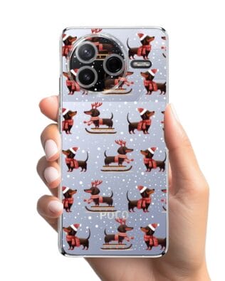Etui do Xiaomi POCO F7 Pro przeźroczyste, silikonowe Flexi, Przytulne święta, Jamniki na saniach