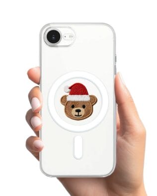 Etui do iPhone 16e z MagSafe przeźroczyste, silikonowe Flexi, Przytulne święta, Miś mikołajek