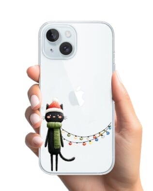 Etui do iPhone 15 Plus przeźroczyste, silikonowe Flexi, Przytulne święta, Kot przebrany za elfa