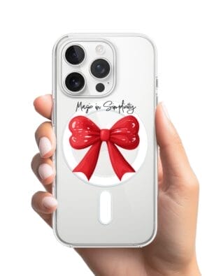 Etui do iPhone 14 Pro z MagSafe przeźroczyste, silikonowe Flexi, Przytulne święta, Czerwona kokarda