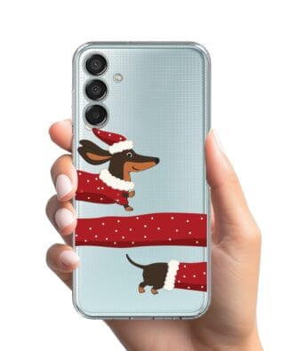 Etui do Samsung Galaxy M15 5G przeźroczyste, silikonowe Flexi, Przytulne święta, świąteczny jamnik