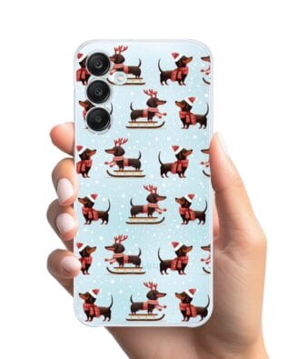 Etui do Samsung Galaxy M35 5G przeźroczyste, silikonowe Flexi, Przytulne święta, Jamniki na saniach