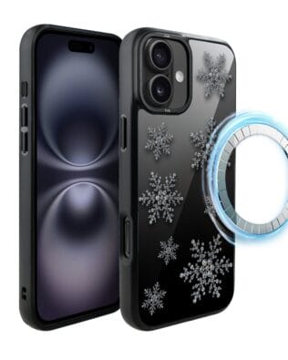 Etui do iPhone 16 IBIZU DropGuard Matt z MagSafe, Zimowa magia, Płatki śniegu na czarnym lustrze