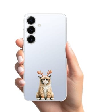 Etui do Samsung Galaxy S25 Plus przeźroczyste, silikonowe Flexi, Przytulne święta, Kot który nie chciał być reniferem