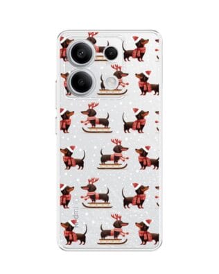 Etui do Xiaomi Redmi Note 13 Pro 5G przeźroczyste, silikonowe Flexi, Przytulne święta, Jamniki na saniach