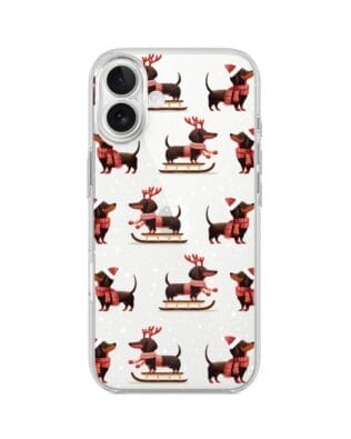 Etui do iPhone 17 przeźroczyste, silikonowe Flexi, Przytulne święta, Jamniki na saniach