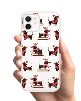 Etui do iPhone 12 przeźroczyste, silikonowe Flexi, Przytulne święta, Jamniki na saniach
