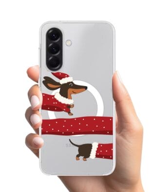 Etui do Samsung Galaxy A56 5G z MagSafe przeźroczyste, silikonowe Flexi, Przytulne święta, świąteczny jamnik