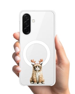 Etui do Samsung Galaxy A26 5G z MagSafe przeźroczyste, silikonowe Flexi, Przytulne święta, Kot który nie chciał być reniferem