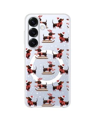 Etui do Samsung Galaxy S25 Plus z MagSafe przeźroczyste, silikonowe Flexi, Przytulne święta, Jamniki na saniach