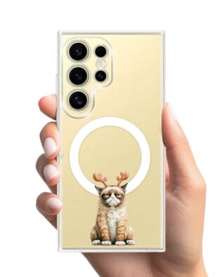 Etui do Samsung Galaxy S24 Ultra z MagSafe przeźroczyste, silikonowe Flexi, Przytulne święta, Kot który nie chciał być reniferem