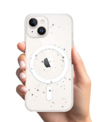 Etui do iPhone 15 Plus z MagSafe przeźroczyste, silikonowe Flexi, Zimowa magia, Szampańskie gwiazdki