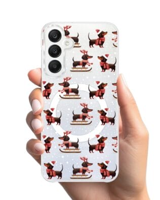 Etui do Samsung Galaxy A25 5G z MagSafe przeźroczyste, silikonowe Flexi, Przytulne święta, Jamniki na saniach