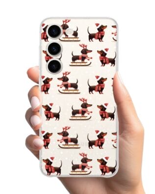 Etui do Samsung Galaxy S23 FE 5G przeźroczyste, silikonowe Flexi, Przytulne święta, Jamniki na saniach