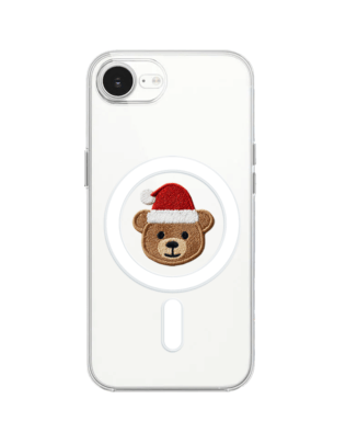 Etui do iPhone 16e z MagSafe przeźroczyste, silikonowe Flexi, Przytulne święta, Miś mikołajek