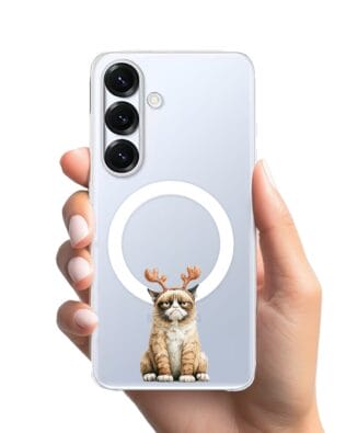 Etui do Samsung Galaxy S25 Plus z MagSafe przeźroczyste, silikonowe Flexi, Przytulne święta, Kot który nie chciał być reniferem