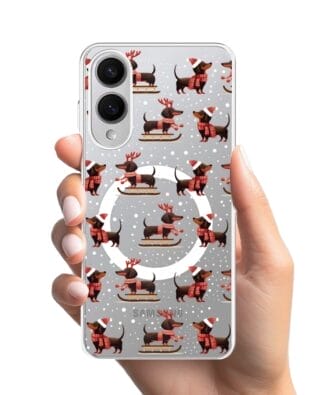 Etui do Samsung Galaxy S25 Edge z MagSafe przeźroczyste, silikonowe Flexi, Przytulne święta, Jamniki na saniach