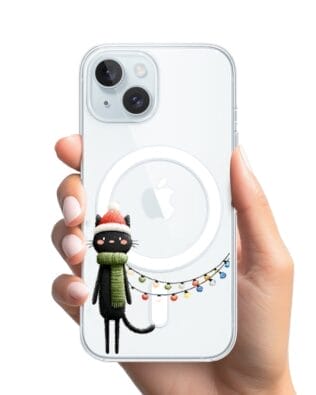 Etui do iPhone 15 z MagSafe przeźroczyste, silikonowe Flexi, Przytulne święta, Kot przebrany za elfa