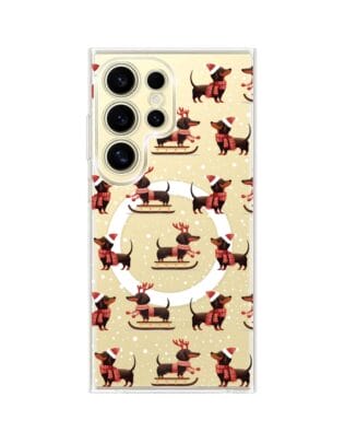 Etui do Samsung Galaxy S24 Ultra z MagSafe przeźroczyste, silikonowe Flexi, Przytulne święta, Jamniki na saniach