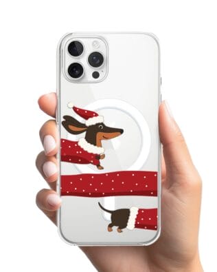 Etui do iPhone 12 Pro z MagSafe przeźroczyste, silikonowe Flexi, Przytulne święta, świąteczny jamnik