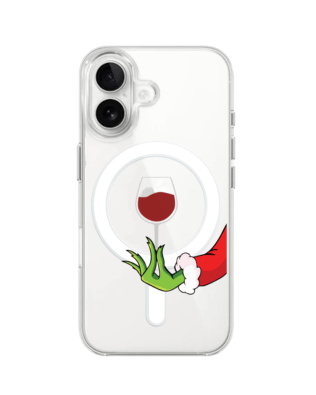 Etui do iPhone 16 Plus z MagSafe przeźroczyste, silikonowe Flexi, Zielony psotnik z lampką wina