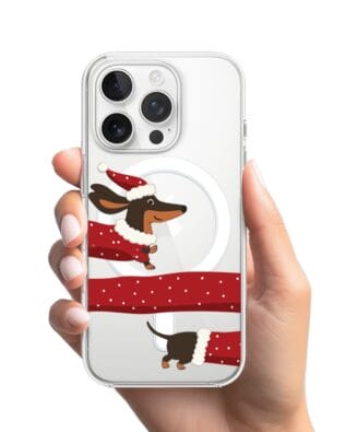 Etui do iPhone 14 Pro Max z MagSafe przeźroczyste, silikonowe Flexi, Przytulne święta, świąteczny jamnik