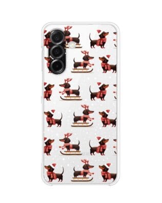 Etui do Samsung Galaxy A26 5G przeźroczyste, silikonowe Flexi, Przytulne święta, Jamniki na saniach