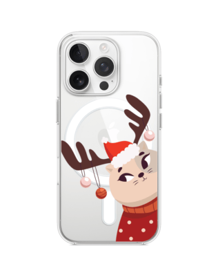 Etui do iPhone 15 Pro Max z MagSafe przeźroczyste, silikonowe Flexi, Kotek przebrany za reniferka