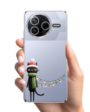 Etui do Xiaomi POCO F7 Pro przeźroczyste, silikonowe Flexi, Przytulne święta, Kot przebrany za elfa