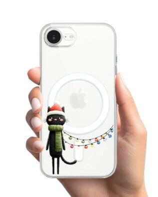 Etui do iPhone 16e z MagSafe przeźroczyste, silikonowe Flexi, Przytulne święta, Kot przebrany za elfa
