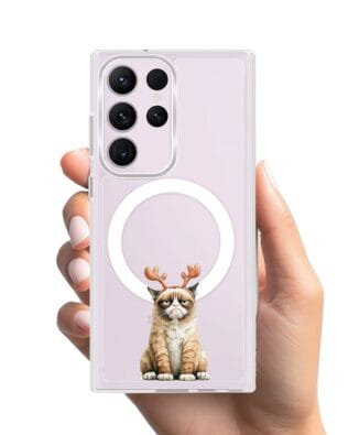 Etui do Samsung Galaxy S23 Ultra z MagSafe przeźroczyste, silikonowe Flexi, Przytulne święta, Kot który nie chciał być reniferem