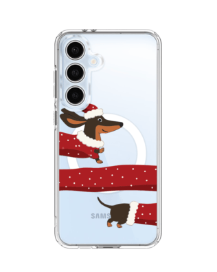 Etui do Samsung Galaxy S24 FE z MagSafe przeźroczyste, silikonowe Flexi, Przytulne święta, świąteczny jamnik