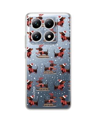 Etui do Xiaomi 14T Pro przeźroczyste, silikonowe Flexi, Przytulne święta, Jamniki na saniach