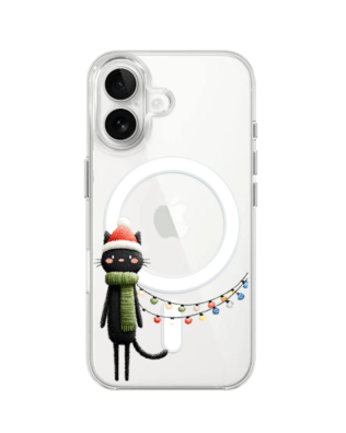 Etui do iPhone 16 Plus z MagSafe przeźroczyste, silikonowe Flexi, Przytulne święta, Kot przebrany za elfa