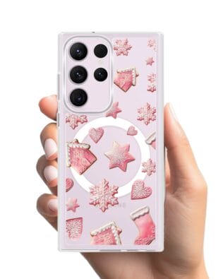 Etui do Samsung Galaxy S23 Ultra z MagSafe przeźroczyste, silikonowe Flexi, Przytulne święta, Różowe pierniczki