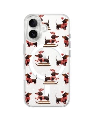 Etui do iPhone 16 Plus z MagSafe przeźroczyste, silikonowe Flexi, Przytulne święta, Jamniki na saniach