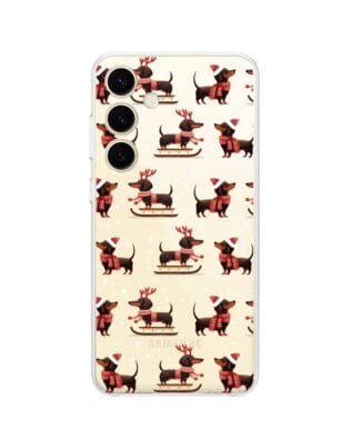 Etui do Samsung Galaxy S24 przeźroczyste, silikonowe Flexi, Przytulne święta, Jamniki na saniach