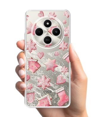 Etui do Xiaomi POCO C75 przeźroczyste, silikonowe Flexi, Przytulne święta, Różowe pierniczki