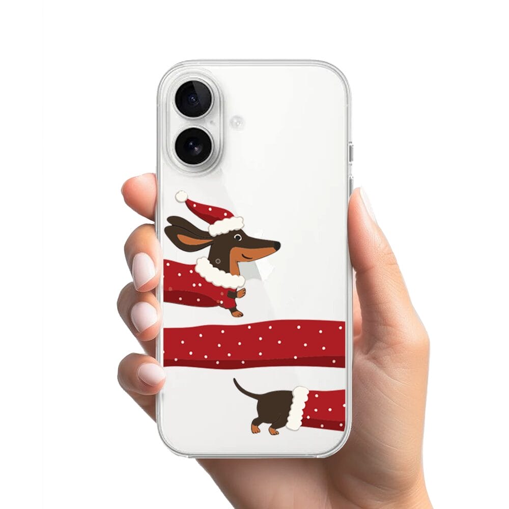 Etui do iPhone 16 Plus przeźroczyste, silikonowe Flexi, Przytulne święta, świąteczny jamnik - obrazek 2