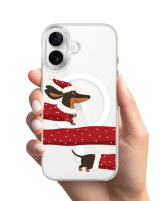 Etui do iPhone 17 z MagSafe przeźroczyste, silikonowe Flexi, Przytulne święta, świąteczny jamnik