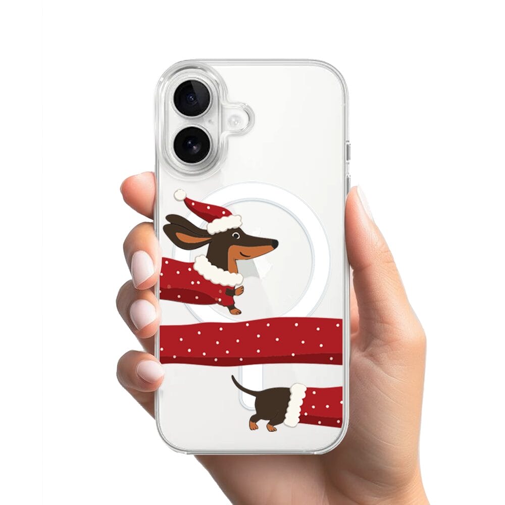 Etui do iPhone 17 z MagSafe przeźroczyste, silikonowe Flexi, Przytulne święta, świąteczny jamnik - obrazek 2