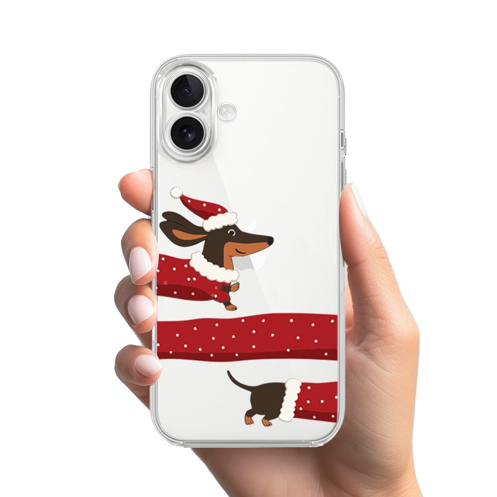 Etui do iPhone 17 przeźroczyste, silikonowe Flexi, Przytulne święta, świąteczny jamnik - obrazek 2