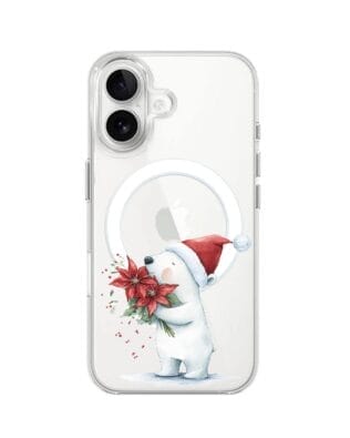 Etui do iPhone 16 Plus z MagSafe przeźroczyste, silikonowe Flexi, Przytulne święta, Miś świąteczny